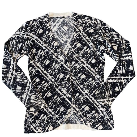 Lafayette 148 Black & Cream Geometric Cashmere Knit Cardigan Sweater - Picture 1 of 10